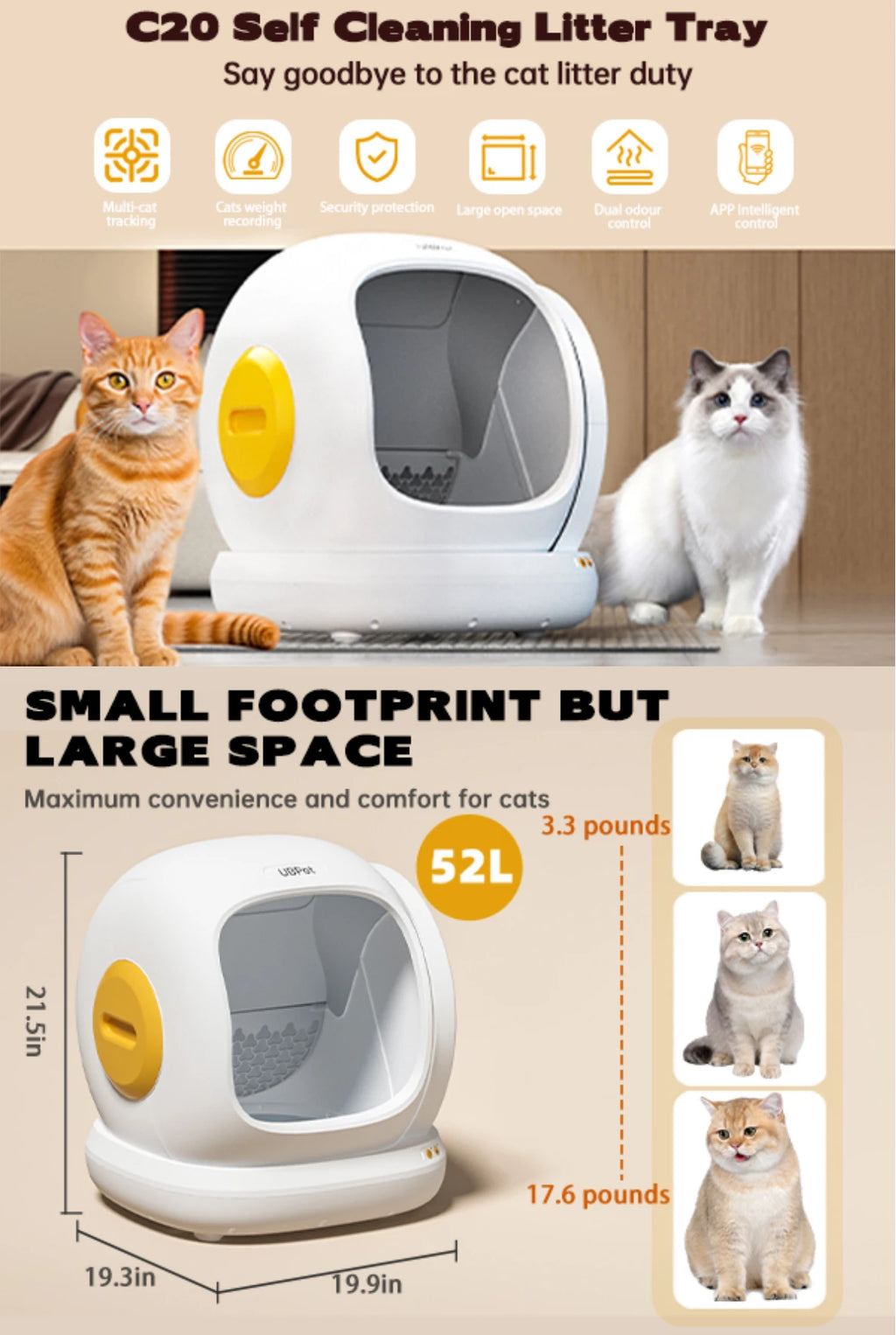 Safe UBPet C20 Big-Opening Self-Cleaning Automatic Cat Litter Tray Box, 0 Cat-trap Risk|Deodorize|Low Entry|APP Control