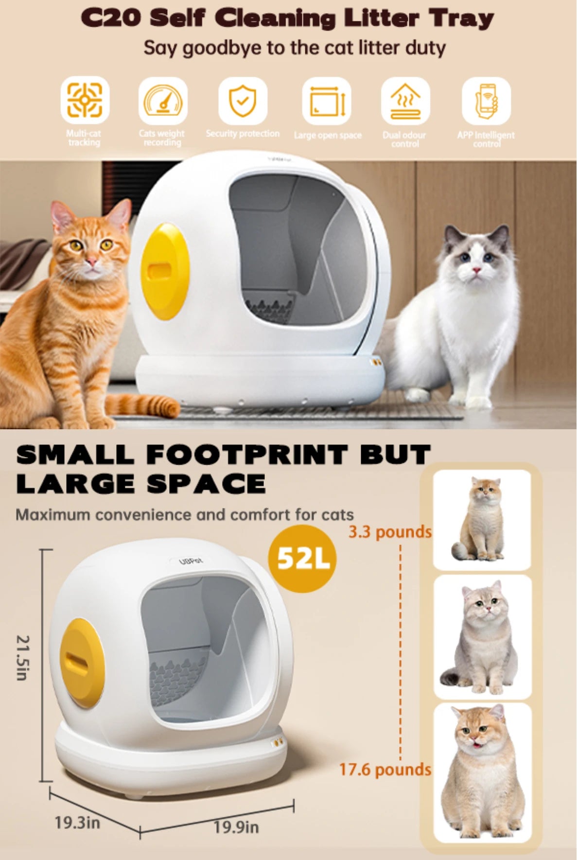 Safe UBPet C20 Big-Opening Self-Cleaning Automatic Cat Litter Tray Box, 0 Cat-trap Risk|Deodorize|Low Entry|APP Control