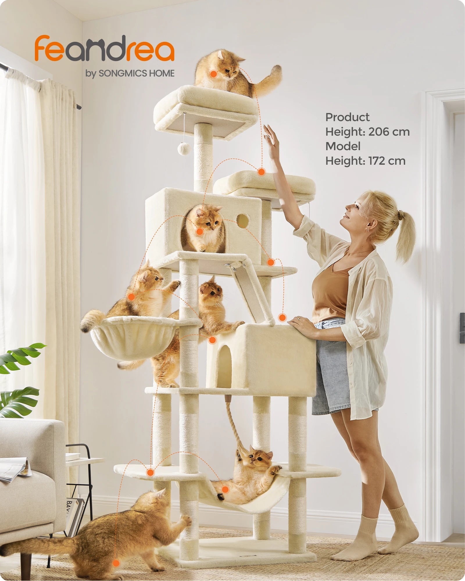 Feandrea Cat Tree, Height 206 cm, with 13 Scratching Posts, 2 Platform, 2 Kennels, Basket, Hammock, Pompom