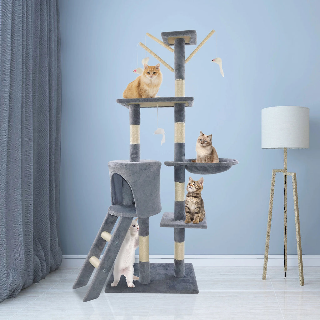 Cat Tree for Indoor Cats, 5-in-1 Tall Cat Scratching Post with Scratching Boards,Multi-Level Climbing Tower - Grey Pet Furniture