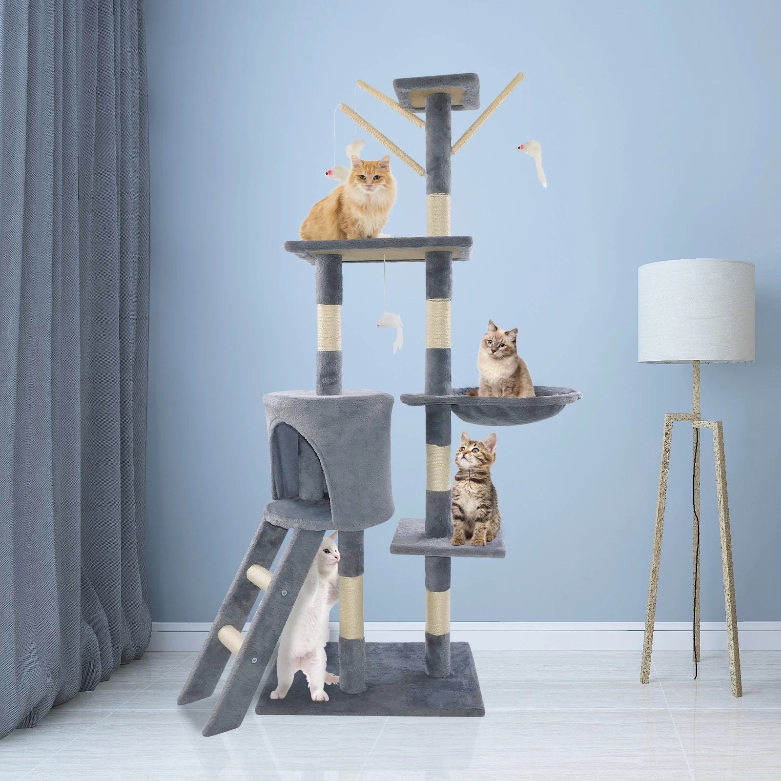 Cat Tree for Indoor Cats, 5-in-1 Tall Cat Scratching Post with Scratching Boards,Multi-Level Climbing Tower - Grey Pet Furniture