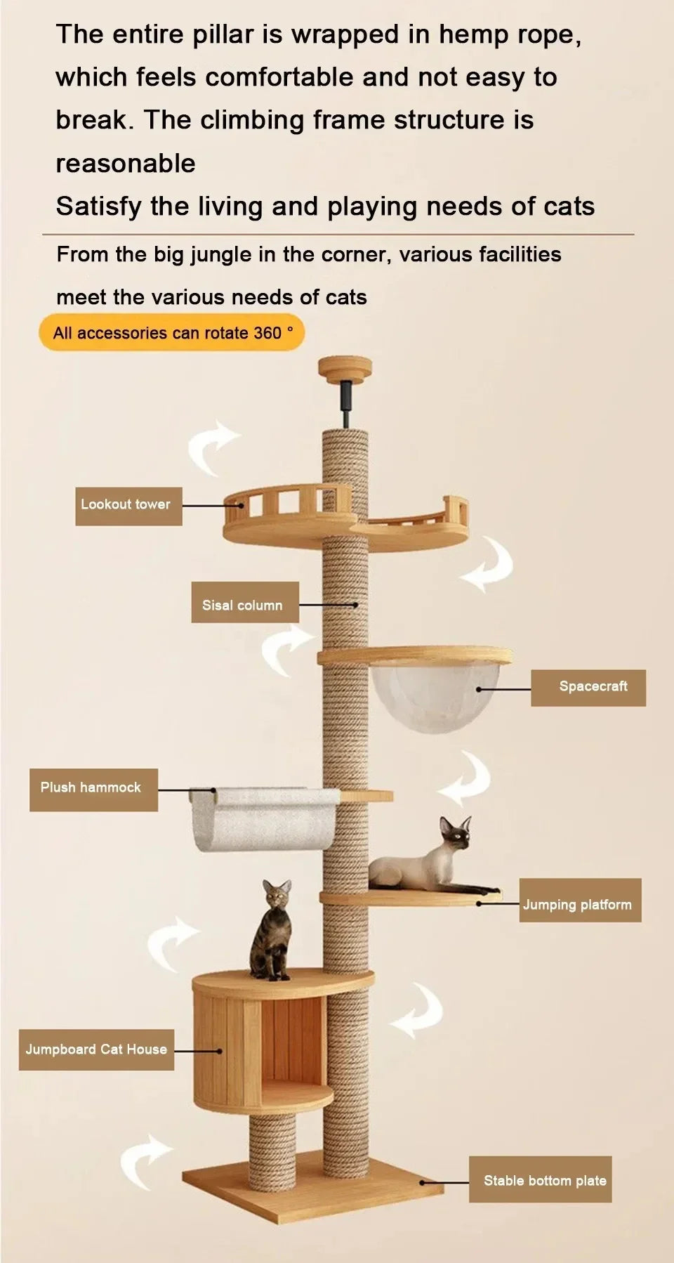 Cat Tree 5-Tier Floor to Ceiling Cat Tower Cactus Tall Climbing Tree with Scratching Post Hammock Dangling Ball for Indoor Cats