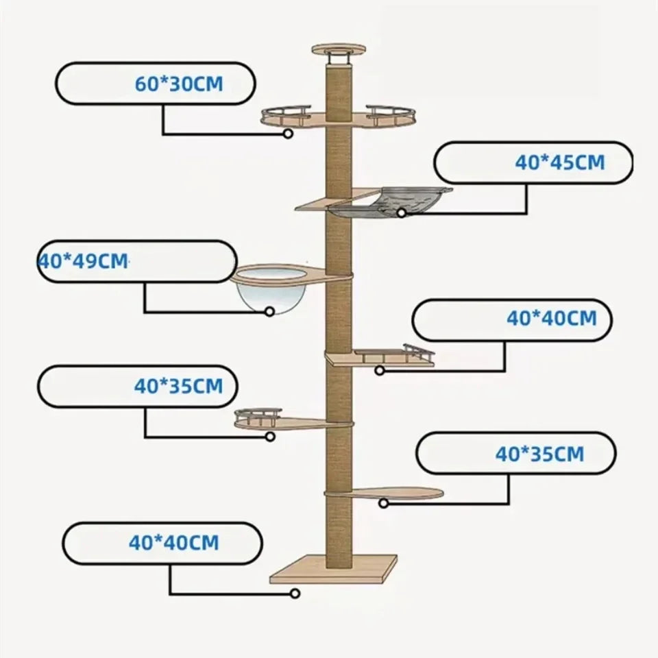 Cat Tree 5-Tier Floor to Ceiling Cat Tower Cactus Tall Climbing Tree with Scratching Post Hammock Dangling Ball for Indoor Cats