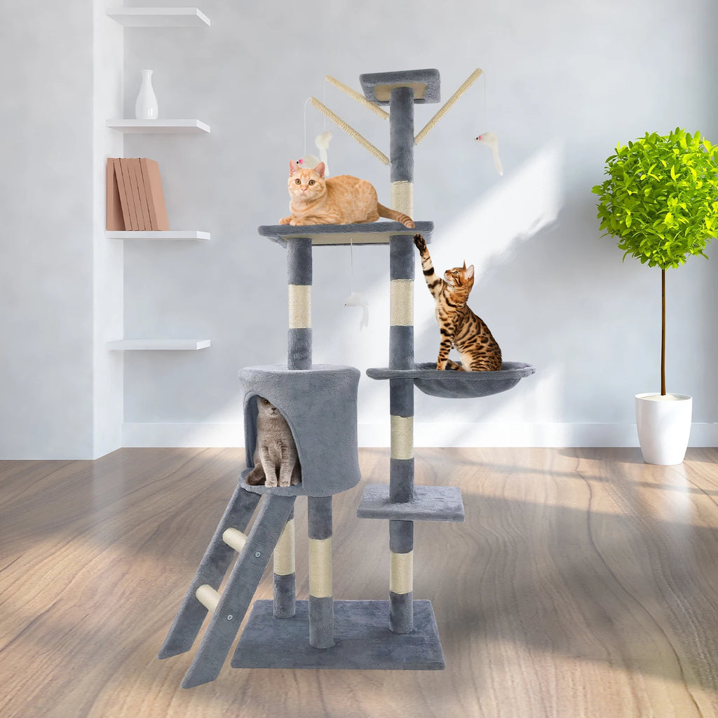 Cat Tree for Indoor Cats, 5-in-1 Tall Cat Scratching Post with Scratching Boards,Multi-Level Climbing Tower - Grey Pet Furniture