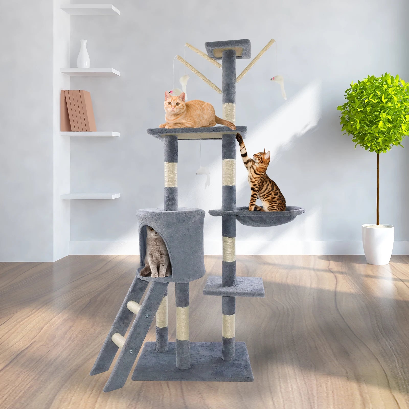 Cat Tree for Indoor Cats, 5-in-1 Tall Cat Scratching Post with Scratching Boards,Multi-Level Climbing Tower - Grey Pet Furniture