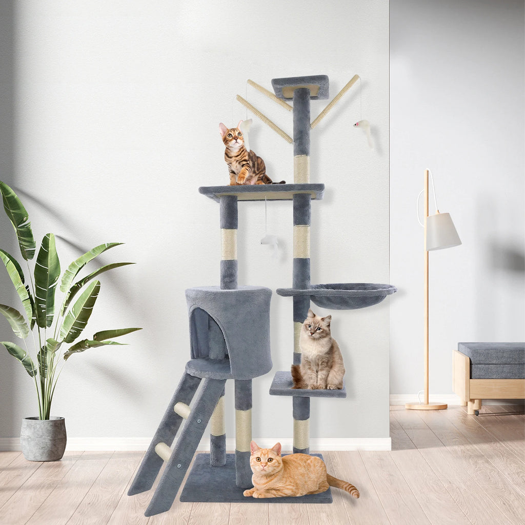 Cat Tree for Indoor Cats, 5-in-1 Tall Cat Scratching Post with Scratching Boards,Multi-Level Climbing Tower - Grey Pet Furniture