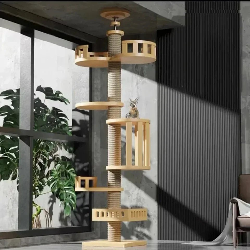 Cat Tree 5-Tier Floor to Ceiling Cat Tower Cactus Tall Climbing Tree with Scratching Post Hammock Dangling Ball for Indoor Cats