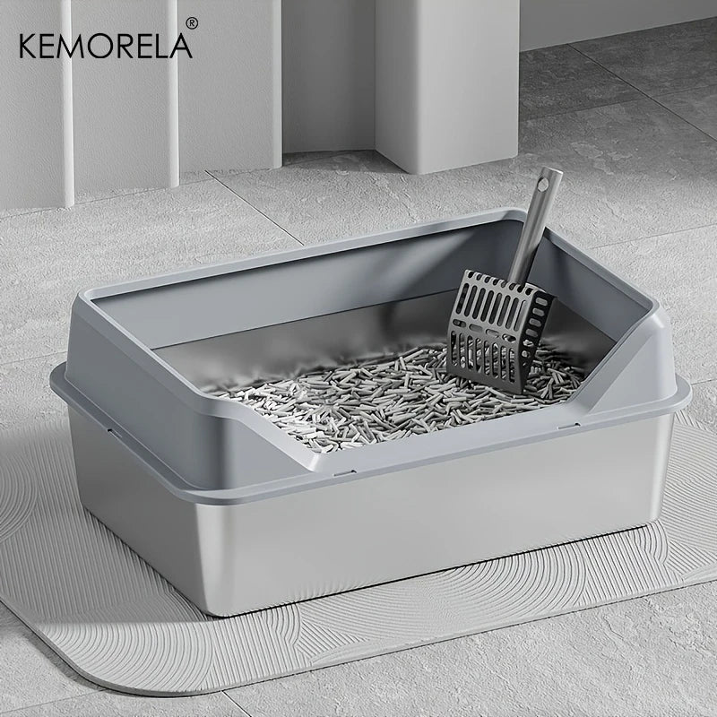 KEMORELA XL Extra Large Stainless Steel Litter Box Enclosure with Lid High Side Large Cat Litter Tray for Big Ncluding Scoop