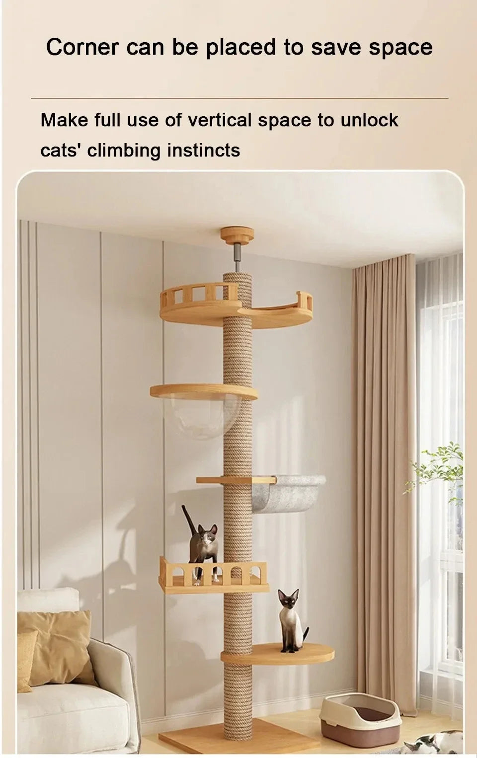 Cat Tree 5-Tier Floor to Ceiling Cat Tower Cactus Tall Climbing Tree with Scratching Post Hammock Dangling Ball for Indoor Cats