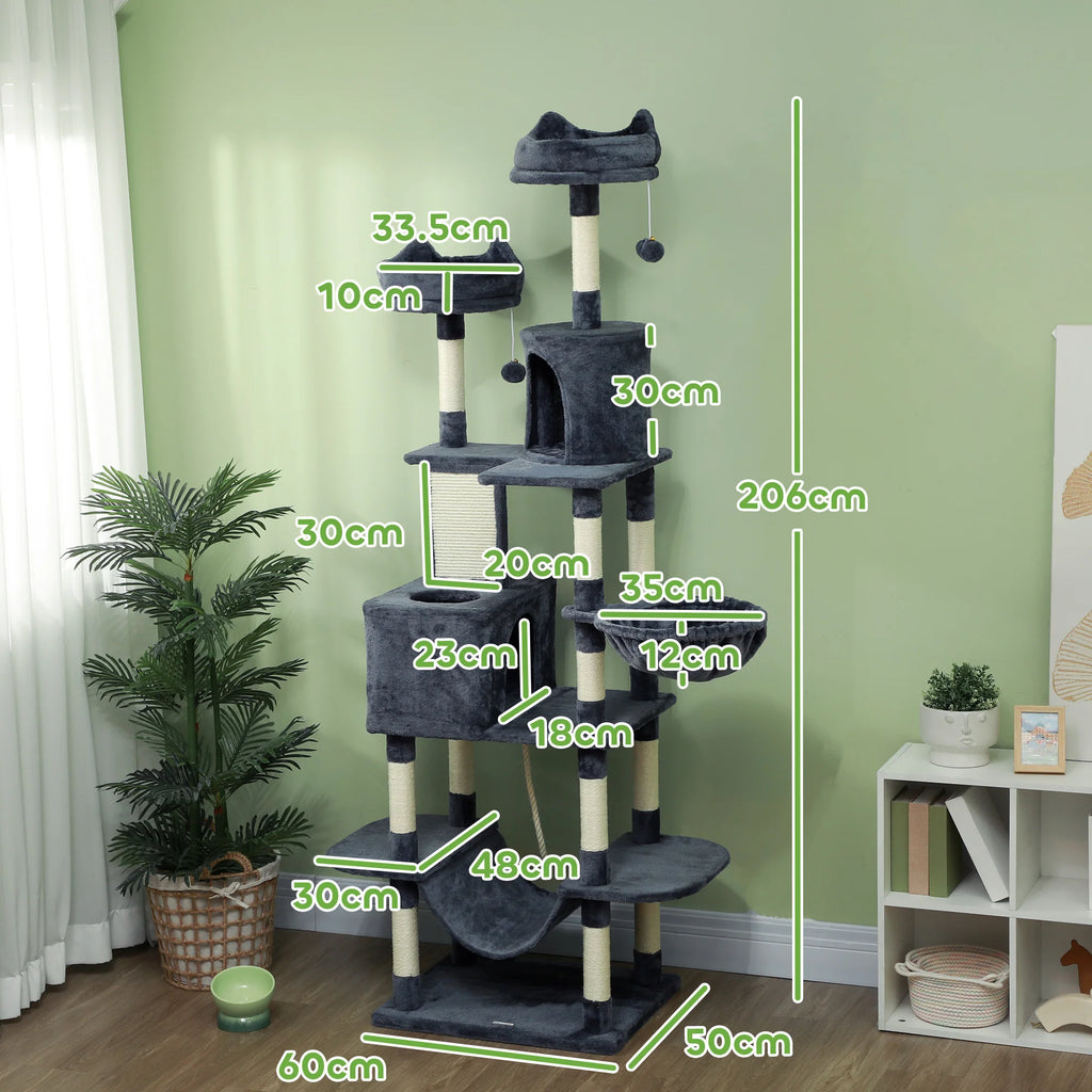 PawHut 206cm Cat Tree with Scratching Posts, Beds, Condos, Toys, Dark Grey