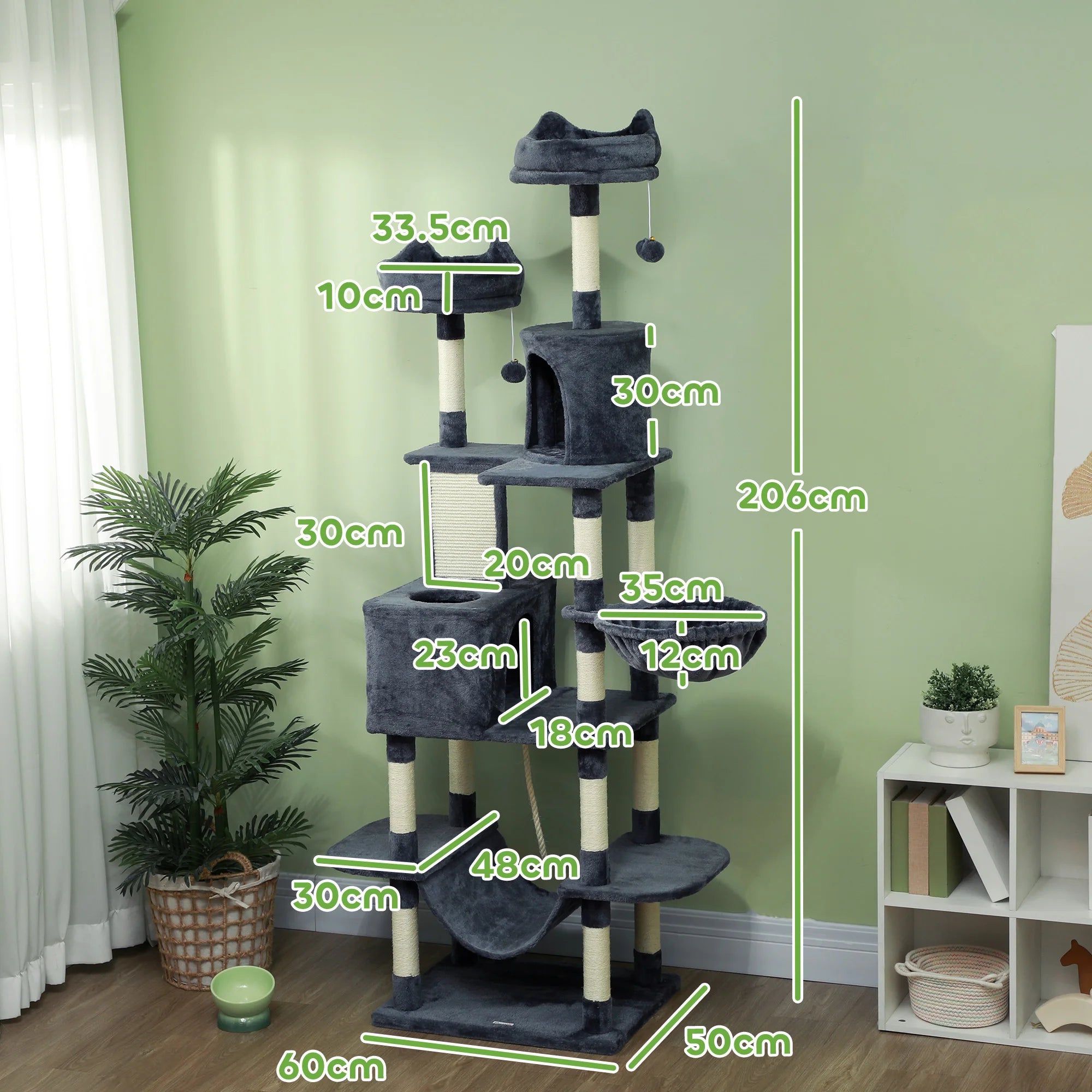 PawHut 206cm Cat Tree with Scratching Posts, Beds, Condos, Toys, Dark Grey