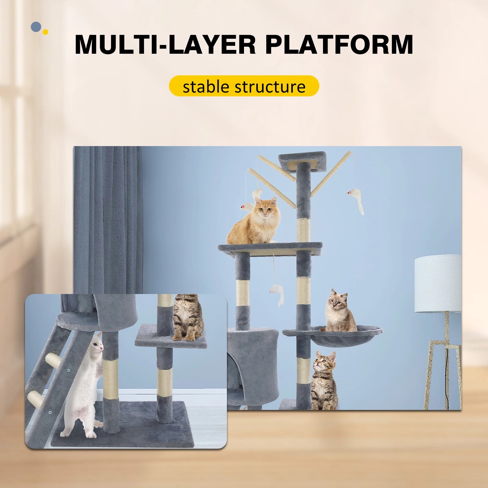 Cat Tree for Indoor Cats, 5-in-1 Tall Cat Scratching Post with Scratching Boards,Multi-Level Climbing Tower - Grey Pet Furniture