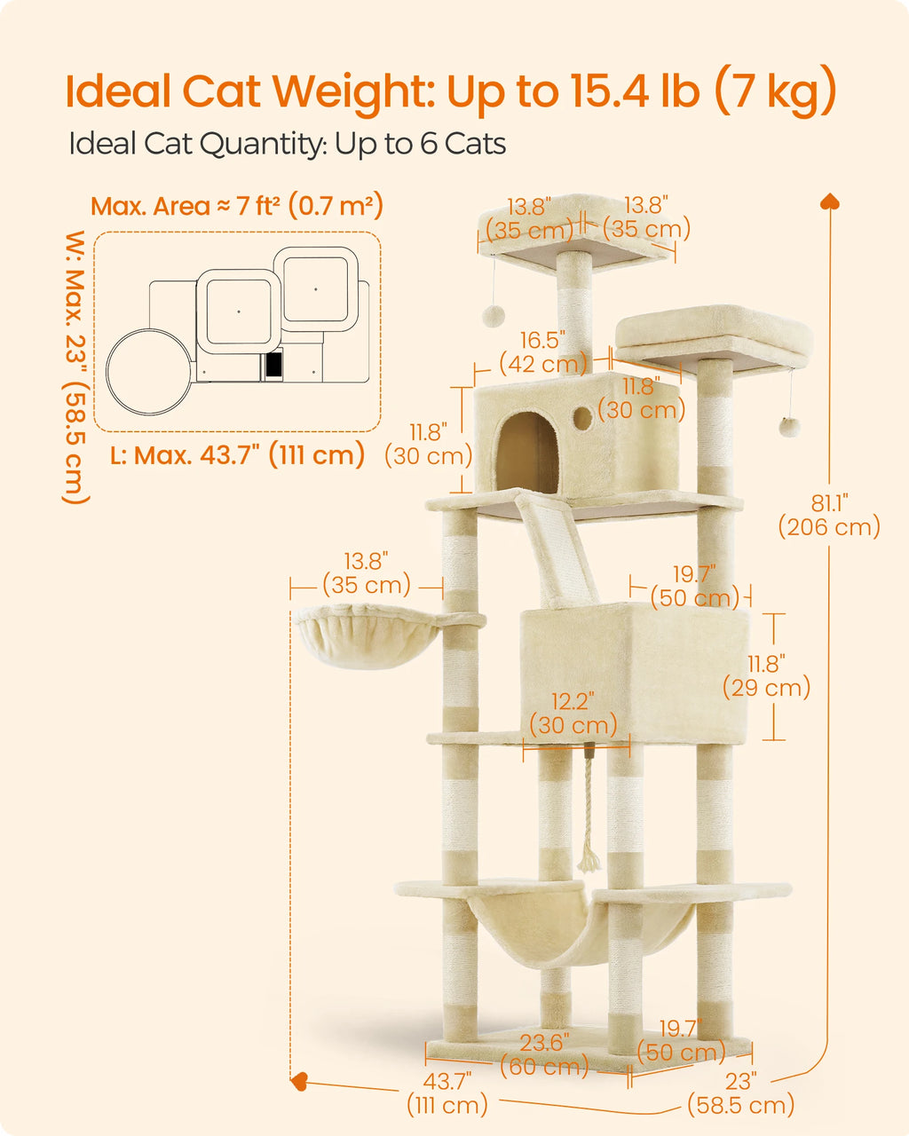 Feandrea Cat Tree, Height 206 cm, with 13 Scratching Posts, 2 Platform, 2 Kennels, Basket, Hammock, Pompom