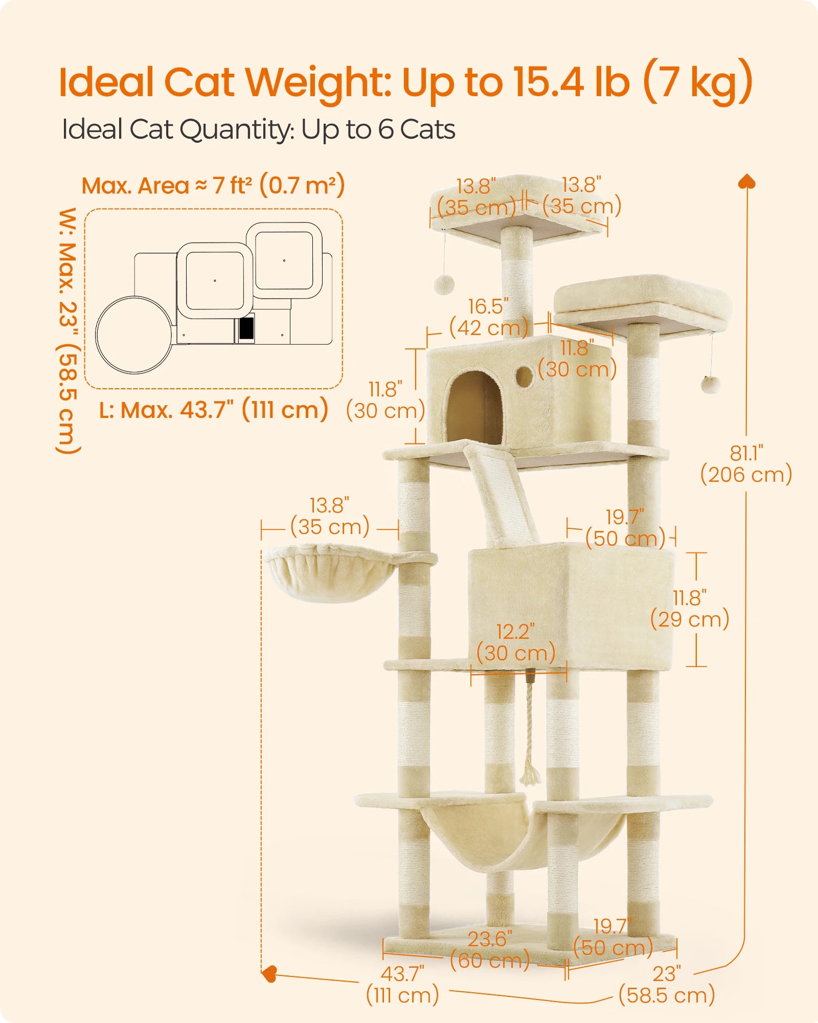 Feandrea Cat Tree, Height 206 cm, with 13 Scratching Posts, 2 Platform, 2 Kennels, Basket, Hammock, Pompom
