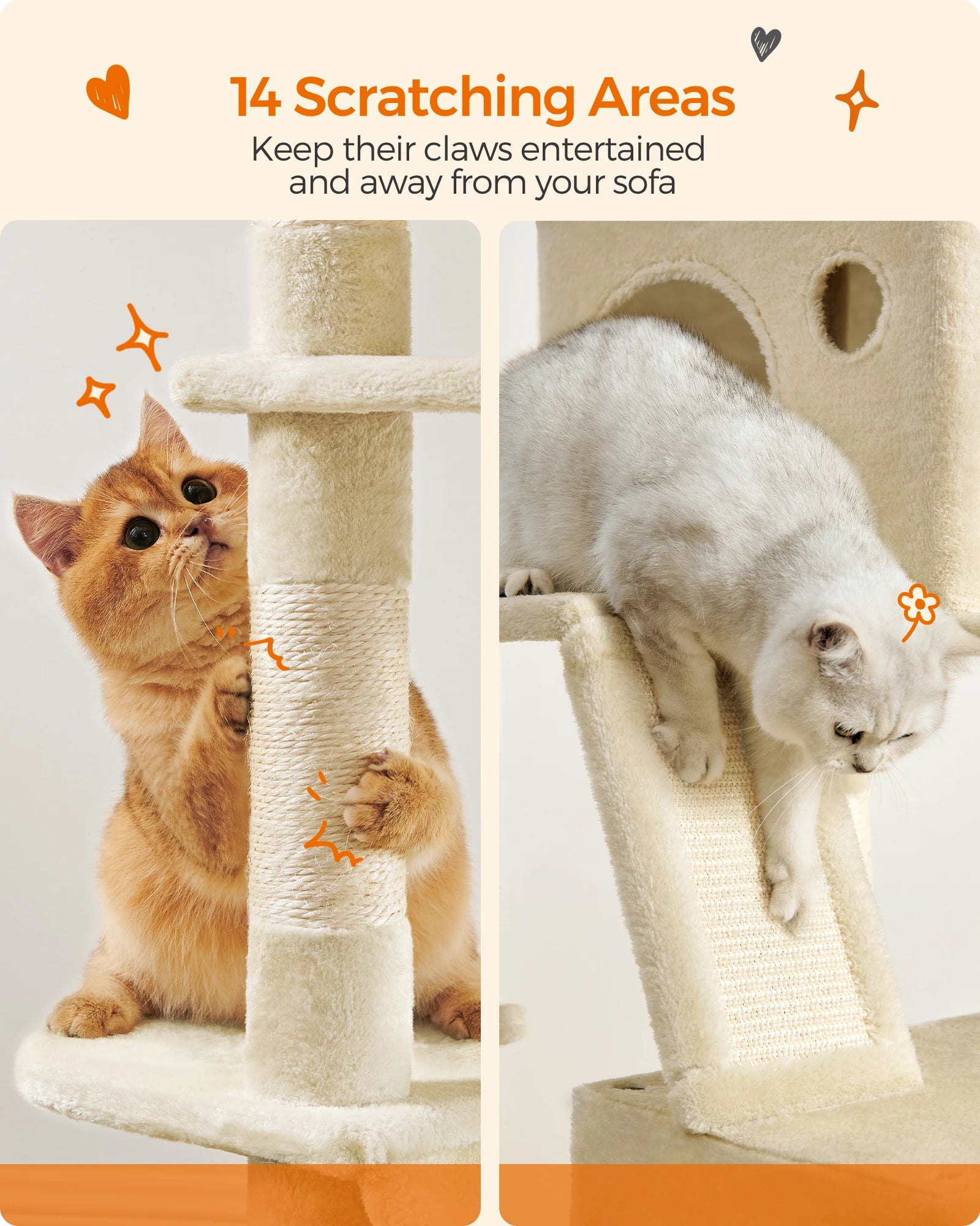 Feandrea Cat Tree, Height 206 cm, with 13 Scratching Posts, 2 Platform, 2 Kennels, Basket, Hammock, Pompom