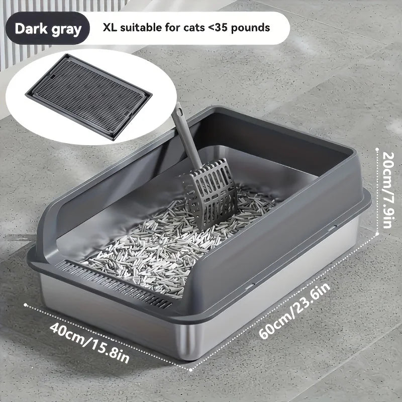 KEMORELA EXtra Large Stainless Steel Cat Litter Box with Lid - Enclosed LitterPan High-Sided Resistant Leak-Proof Cat Litter Mat