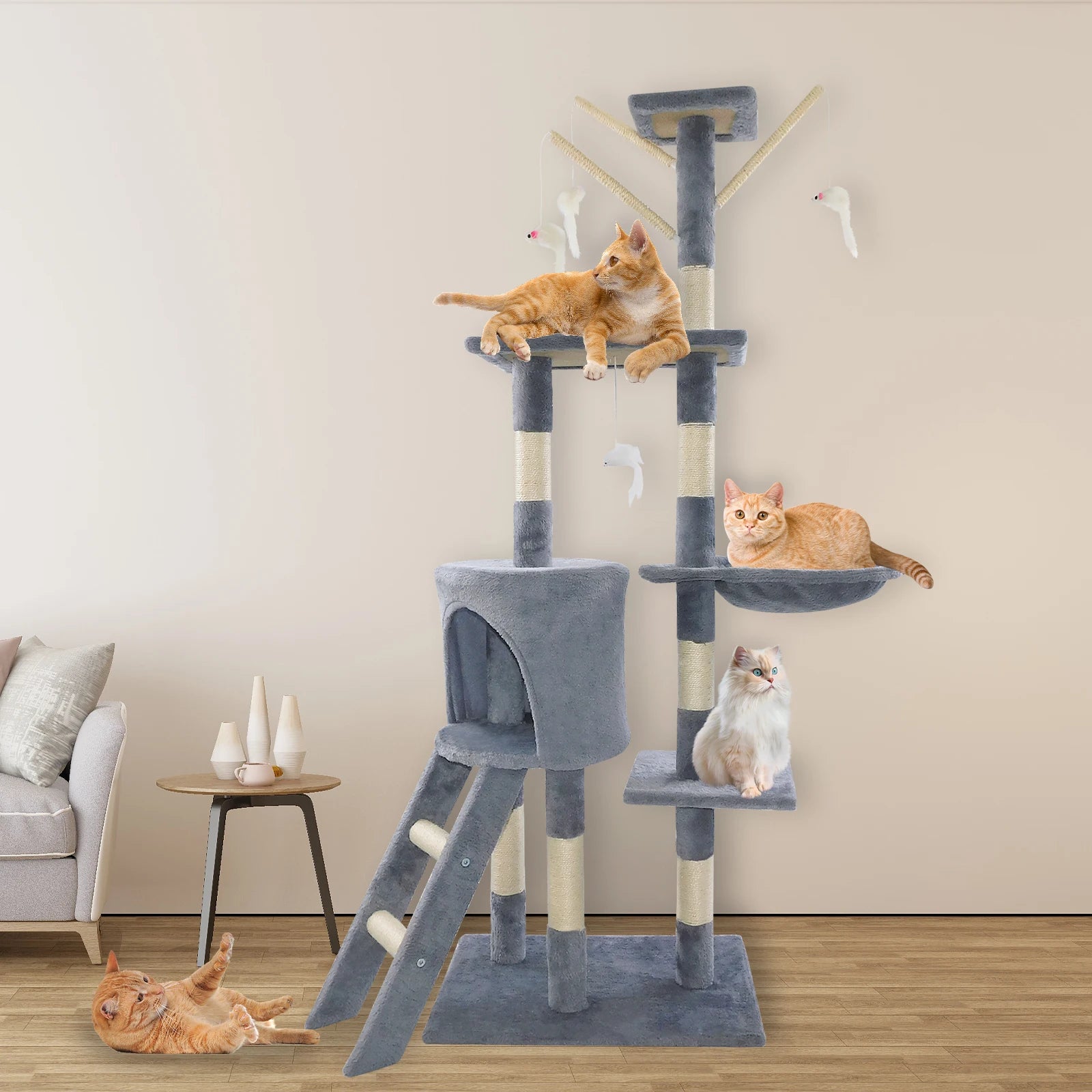 Cat Tree for Indoor Cats, 5-in-1 Tall Cat Scratching Post with Scratching Boards,Multi-Level Climbing Tower - Grey Pet Furniture