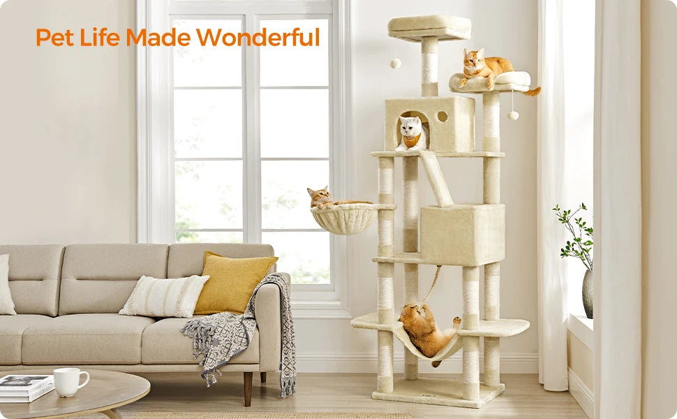 Feandrea Cat Tree, Height 206 cm, with 13 Scratching Posts, 2 Platform, 2 Kennels, Basket, Hammock, Pompom