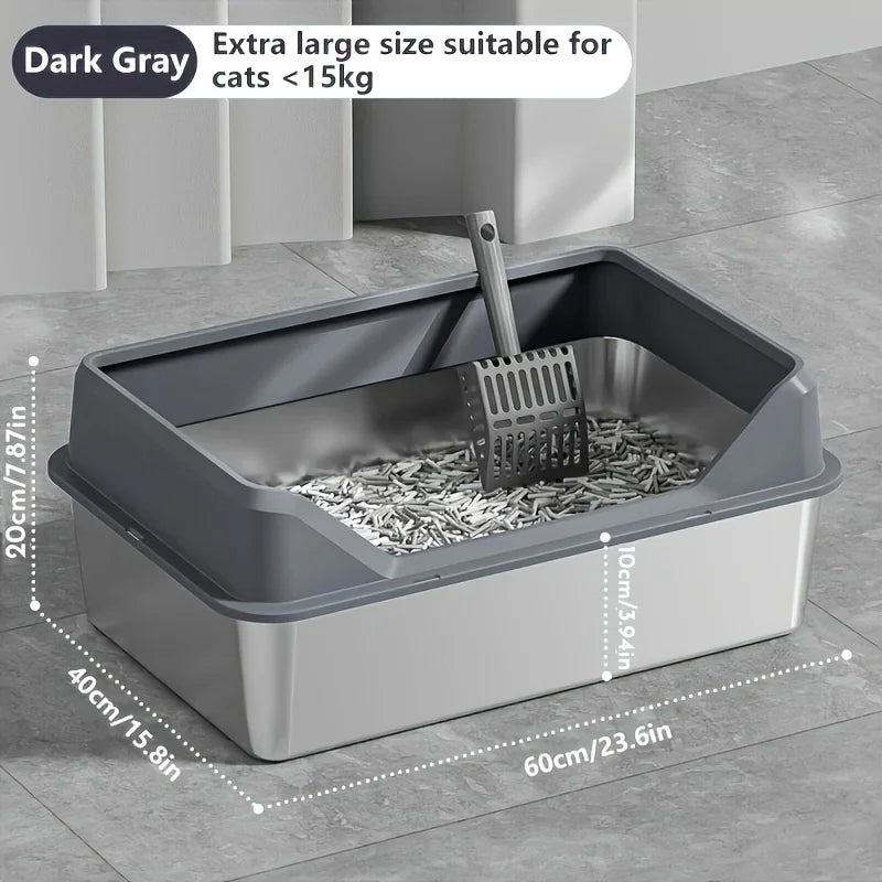 KEMORELA XL Extra Large Stainless Steel Litter Box Enclosure with Lid High Side Large Cat Litter Tray for Big Ncluding Scoop