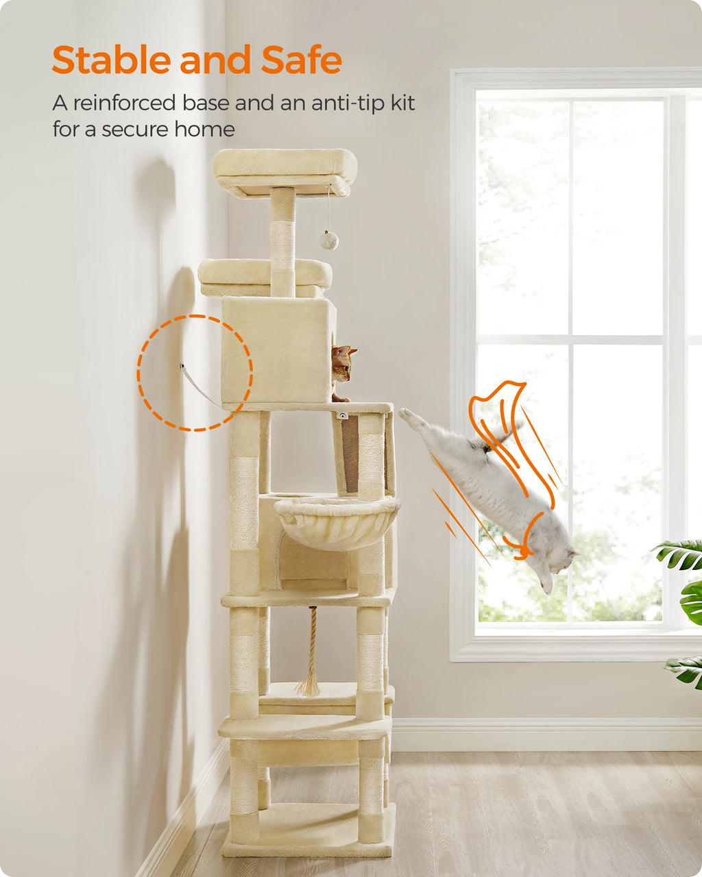 Feandrea Cat Tree, Height 206 cm, with 13 Scratching Posts, 2 Platform, 2 Kennels, Basket, Hammock, Pompom