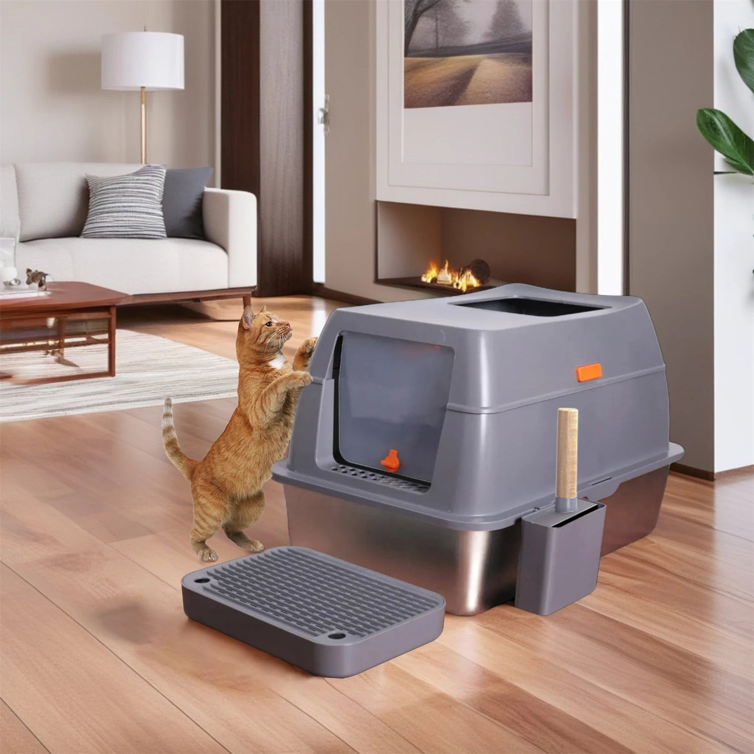 Enclosed Stainless Steel Cat Litter Box with Lid Extra Large for Big Cats Kitty Metal Litter Pan Tray High Wall Sides