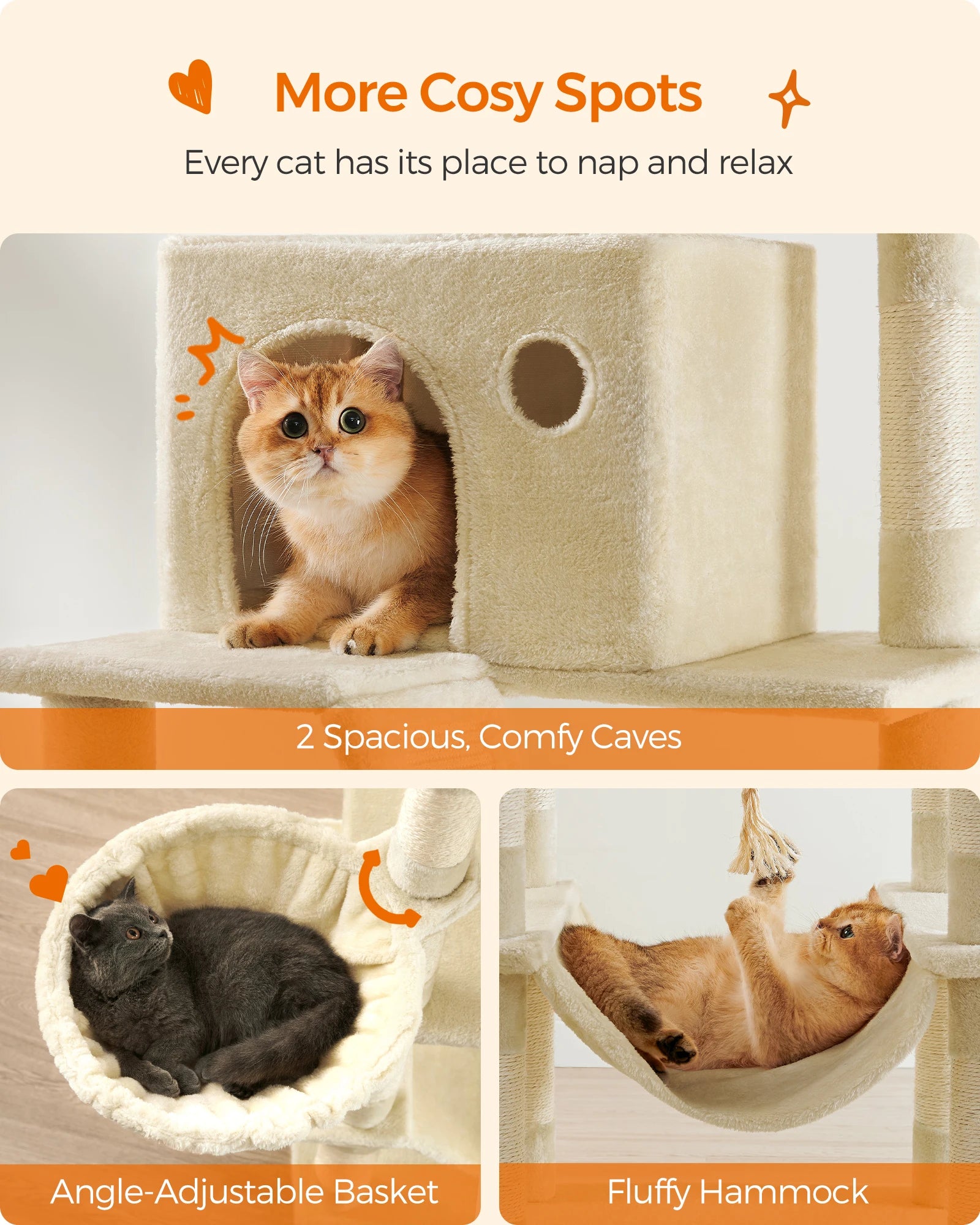 Feandrea Cat Tree, Height 206 cm, with 13 Scratching Posts, 2 Platform, 2 Kennels, Basket, Hammock, Pompom