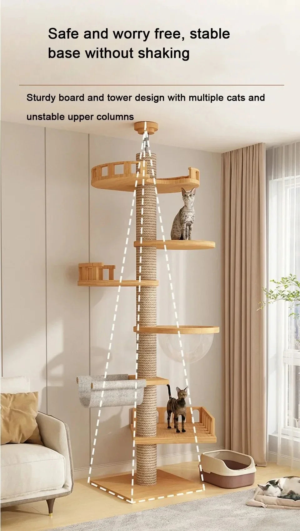 Cat Tree 5-Tier Floor to Ceiling Cat Tower Cactus Tall Climbing Tree with Scratching Post Hammock Dangling Ball for Indoor Cats