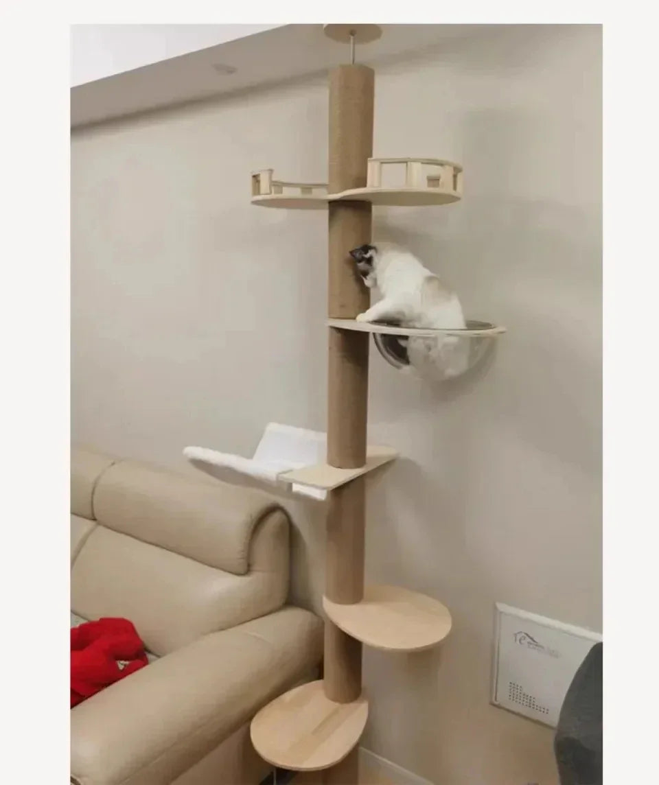 Cat Tree 5-Tier Floor to Ceiling Cat Tower Cactus Tall Climbing Tree with Scratching Post Hammock Dangling Ball for Indoor Cats