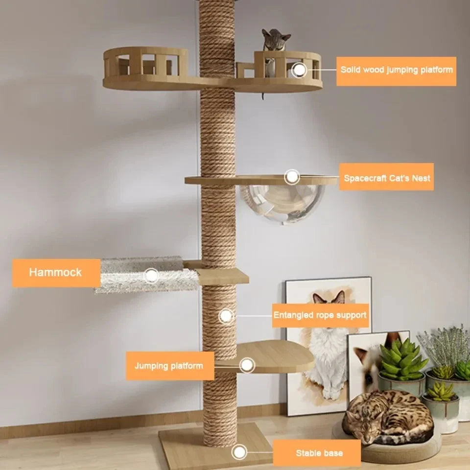 Cat Tree 5-Tier Floor to Ceiling Cat Tower Cactus Tall Climbing Tree with Scratching Post Hammock Dangling Ball for Indoor Cats