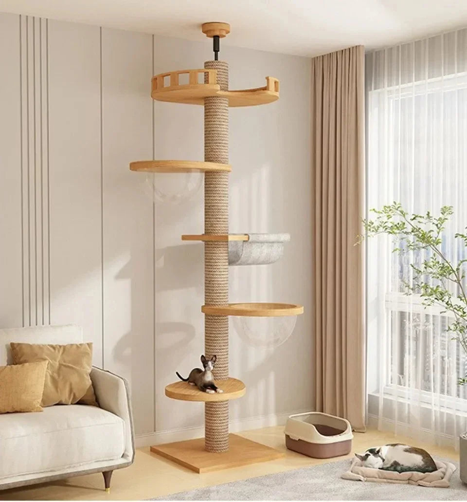 Cat Tree 5-Tier Floor to Ceiling Cat Tower Cactus Tall Climbing Tree with Scratching Post Hammock Dangling Ball for Indoor Cats