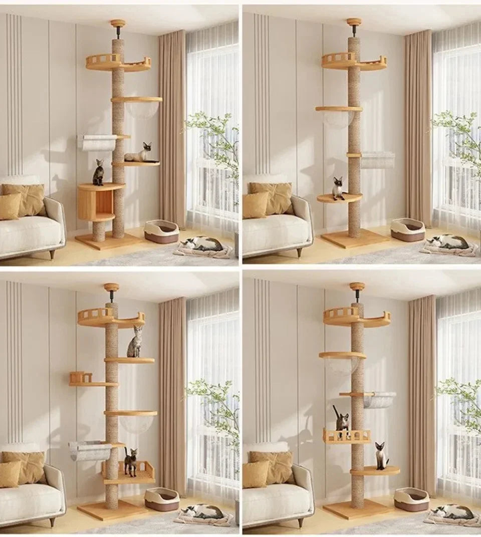 Cat Tree 5-Tier Floor to Ceiling Cat Tower Cactus Tall Climbing Tree with Scratching Post Hammock Dangling Ball for Indoor Cats